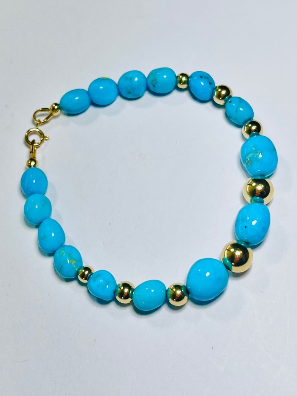 14k Gold Genuine Sleeping Beauty Turquoise Bracelet Fits Up To 7 Inches